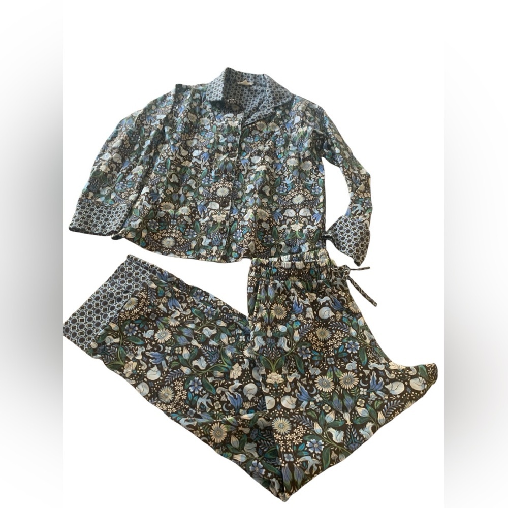 Vera Bradley Pajama Set Floral Blue Brown Button Top & Pants Size S